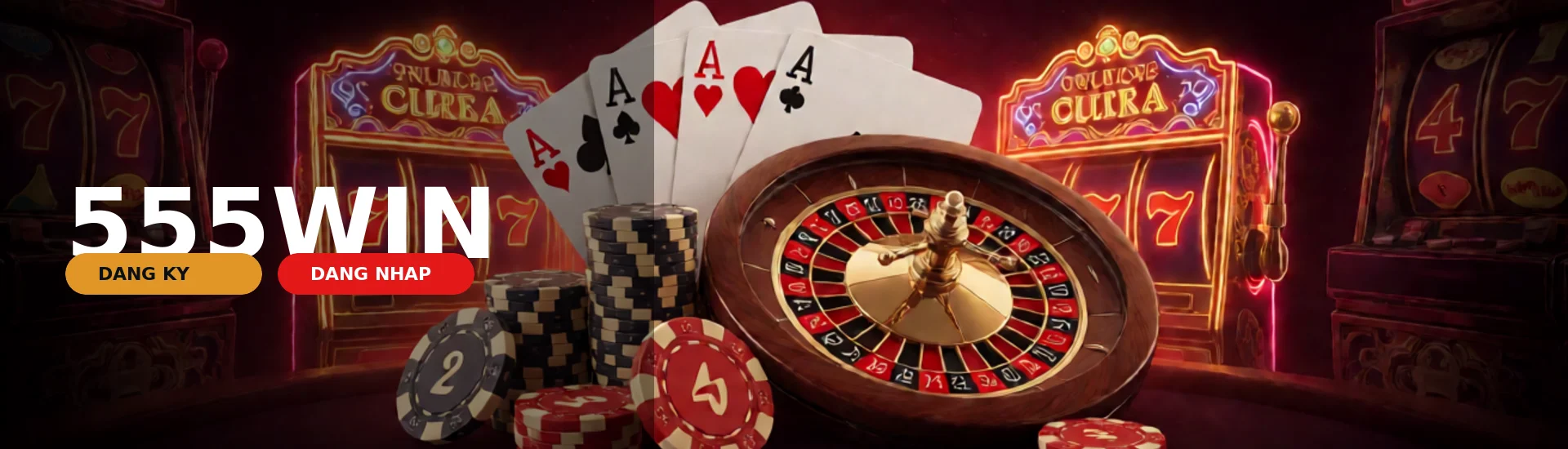 Banner 555WIN trưng bày sảnh casino trực tuyến rực rỡ ánh đèn cùng hàng ngàn game slot nổ hũ hấp dẫn
