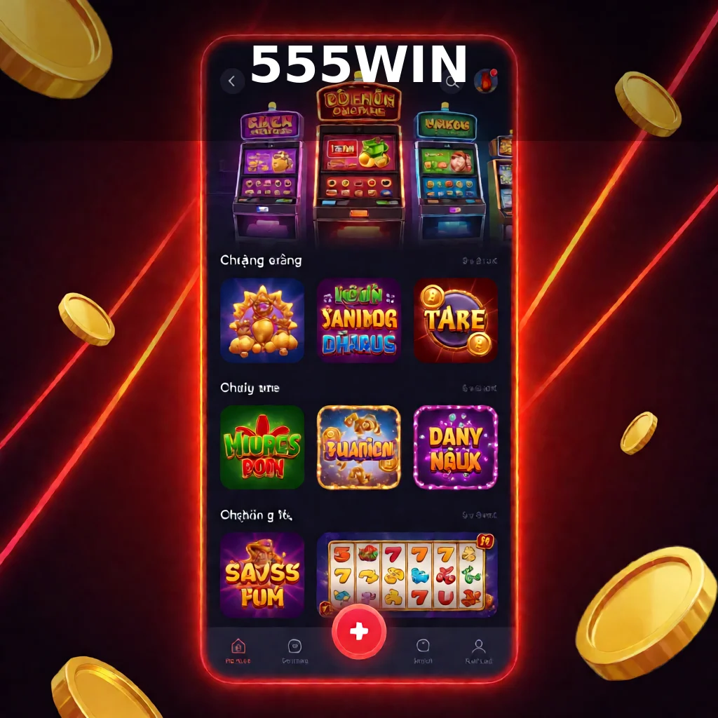Giao diện ứng dụng 555WIN trên điện thoại hiển thị đầy đủ các danh mục trò chơi và nút nạp rút tiện lợi